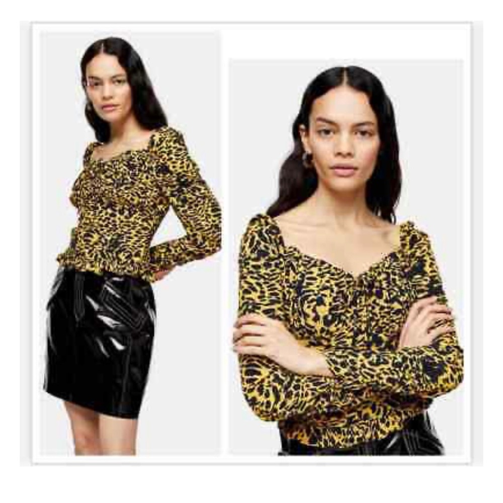 Topshop Ruched Sleeve Animal Print Peplum Ruffle Puffy Sleeve Top Blouse S 12